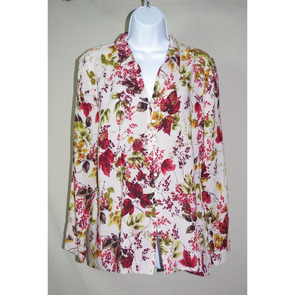 J. Jill Womens Medium Floral Rayon Button Down Blouse Long Sleeve Cream Red